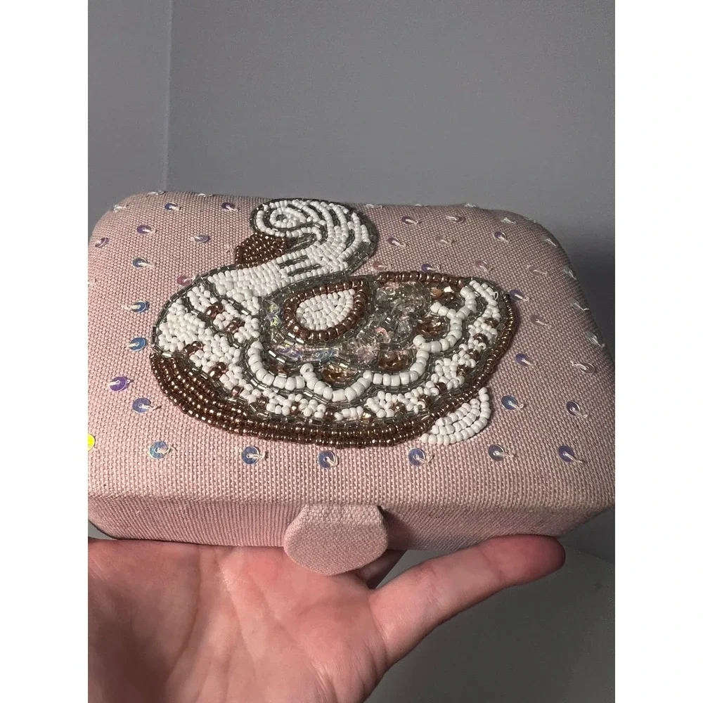 Handcrafted Beaded Swan Jewelry Box Pink Sequin Travel Case Made in India